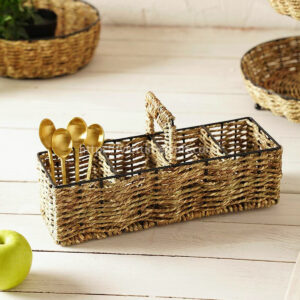 seagrass utensil caddy, cutlery holder basket, handwoven seagrass organizer, eco-friendly table organizer, 4 compartment cutlery caddy, rustic kitchen decor, seagrass flatware caddy, handmade utensil basket, Vietnam handicraft basket, wicker spoon holder