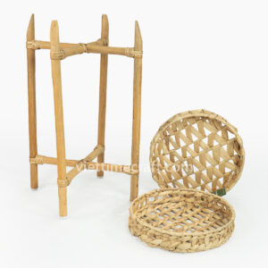 2 tier water hyacinth shelf, floor standing storage basket, woven tray stand, natural plant stand, handmade bamboo shelf, eco-friendly floor organizer, water hyacinth display rack, rustic bathroom storage, Vietnam handicraft basket, boho home decor