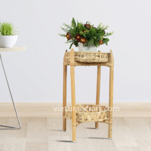 2 tier water hyacinth shelf, floor standing storage basket, woven tray stand, natural plant stand, handmade bamboo shelf, eco-friendly floor organizer, water hyacinth display rack, rustic bathroom storage, Vietnam handicraft basket, boho home decor