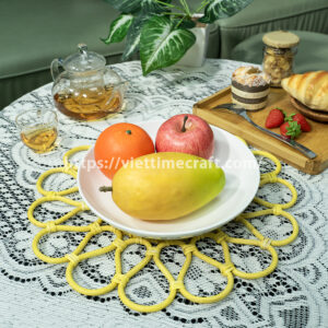 sunflower placemat, rattan table mat, boho table decor, handmade rattan placemat, woven flower placemat, eco-friendly tableware, yellow rattan coaster, rustic dining decor, vietnam handicraft, natural woven placemat