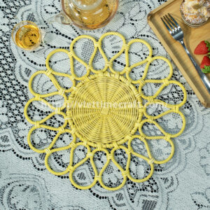 sunflower placemat, rattan table mat, boho table decor, handmade rattan placemat, woven flower placemat, eco-friendly tableware, yellow rattan coaster, rustic dining decor, vietnam handicraft, natural woven placemat