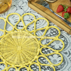 sunflower placemat, rattan table mat, boho table decor, handmade rattan placemat, woven flower placemat, eco-friendly tableware, yellow rattan coaster, rustic dining decor, vietnam handicraft, natural woven placemat