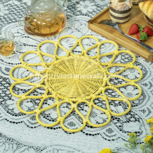 sunflower placemat, rattan table mat, boho table decor, handmade rattan placemat, woven flower placemat, eco-friendly tableware, yellow rattan coaster, rustic dining decor, vietnam handicraft, natural woven placemat