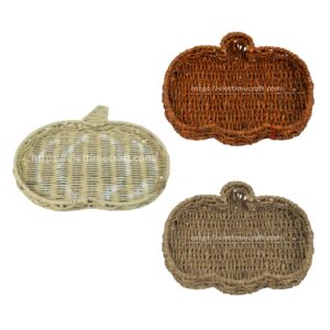 pumpkin tray wicker, Halloween serving tray, fall home decor, handmade pumpkin tray, water hyacinth pumpkin, rattan tray Halloween, natural woven tray, rustic fall display, harvest decor, eco-friendly Halloween basket