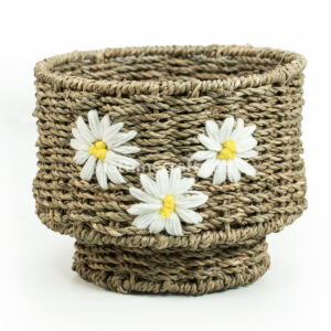 Embroidered Seagrass Planter with Metal Stand – Set of 2 Decorative Plant Baskets