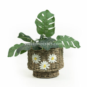 Embroidered Seagrass Planter with Metal Stand – Set of 2 Decorative Plant Baskets
