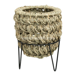 Embroidered Seagrass Planter with Metal Stand – Set of 2 Decorative Plant Baskets