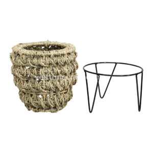 Embroidered Seagrass Planter with Metal Stand – Set of 2 Decorative Plant Baskets