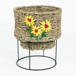 Embroidered Seagrass Planter with Metal Stand – Set of 2 Decorative Plant Baskets