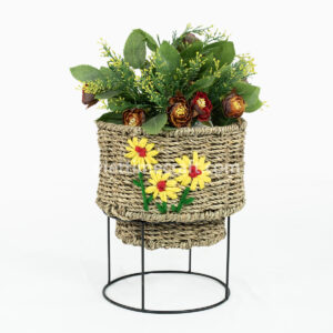 Embroidered Seagrass Planter with Metal Stand – Set of 2 Decorative Plant Baskets