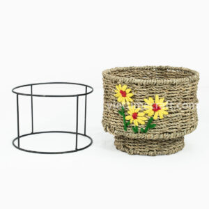 Embroidered Seagrass Planter with Metal Stand – Set of 2 Decorative Plant Baskets