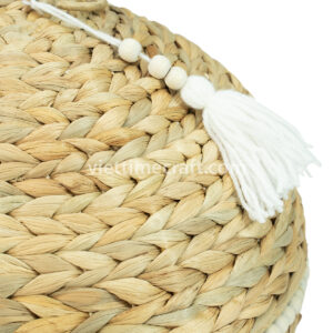 Handwoven Water Hyacinth Food Cover with Tassel and Wooden Beads