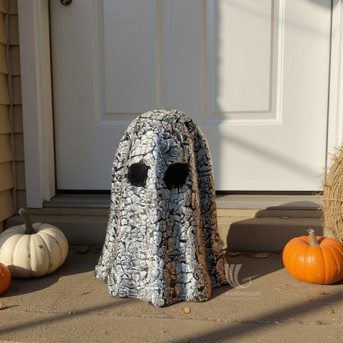 Halloween ghost sculpture, handmade Halloween decor, eggshell mosaic figurine, spooky home decoration, eco-friendly Halloween crafts, handcrafted ghost statue, artisan Halloween ornaments, paper core ghost decor, wholesale holiday decorations, Vietnam handmade crafts