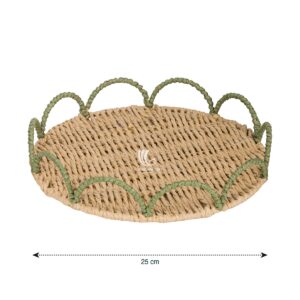 Handwoven paper rope scallop tray with green edge, 25cm eco-friendly round tray for serving or home décor, Viettimecraft handmade paper rope tray, handmade scallop tray, eco-friendly serving tray, green edge woven tray, boho home decor, small decorative tray, Vietnamese handmade craft, rustic serving tray, natural table styling