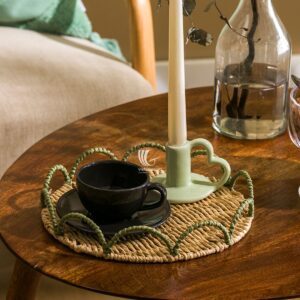 Handwoven paper rope scallop tray with green edge, 25cm eco-friendly round tray for serving or home décor, Viettimecraft handmade paper rope tray, handmade scallop tray, eco-friendly serving tray, green edge woven tray, boho home decor, small decorative tray, Vietnamese handmade craft, rustic serving tray, natural table styling