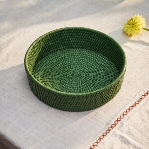 rattan basket tray, wicker serving tray, round rattan organizer, handmade rattan basket, eco-friendly wicker tray, artisan storage basket, round woven tray, natural rattan serving dish, Vietnam handicraft basket, wholesale wicker basket