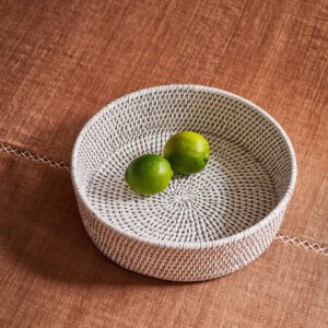 rattan basket tray, wicker serving tray, round rattan organizer, handmade rattan basket, eco-friendly wicker tray, artisan storage basket, round woven tray, natural rattan serving dish, Vietnam handicraft basket, wholesale wicker basket