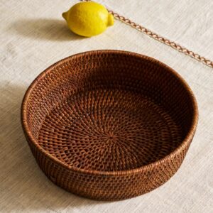 rattan basket tray, wicker serving tray, round rattan organizer, handmade rattan basket, eco-friendly wicker tray, artisan storage basket, round woven tray, natural rattan serving dish, Vietnam handicraft basket, wholesale wicker basket
