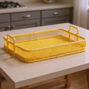 rattan basket tray, wicker serving tray, round rattan organizer, handmade rattan basket, eco-friendly wicker tray, artisan storage basket, round woven tray, natural rattan serving dish, Vietnam handicraft basket, wholesale wicker basket