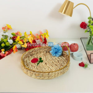 Handmade Water Hyacinth Trays with Floral Embroidery, Rustic Round Woven Serving Basket Set with Side Handles
