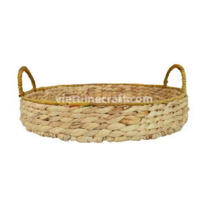 Rustic Woven Hyacinth Decorative Tray with Embroidered Cherry, Round Natural Serving Basket Wholesale Supplier Vietnam