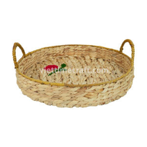 Rustic Woven Hyacinth Decorative Tray with Embroidered Cherry, Round Natural Serving Basket Wholesale Supplier Vietnam