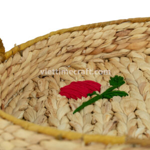 Rustic Woven Hyacinth Decorative Tray with Embroidered Cherry, Round Natural Serving Basket Wholesale Supplier Vietnam