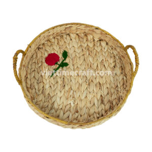 Rustic Woven Hyacinth Decorative Tray with Embroidered Cherry, Round Natural Serving Basket Wholesale Supplier Vietnam