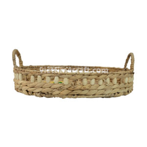 Handmade Water Hyacinth Trays with Floral Embroidery, Rustic Round Woven Serving Basket Set with Side Handles