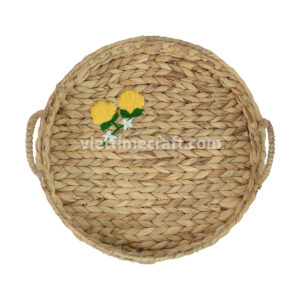 Handmade Water Hyacinth Trays with Floral Embroidery, Rustic Round Woven Serving Basket Set with Side Handles