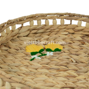 Handmade Water Hyacinth Trays with Floral Embroidery, Rustic Round Woven Serving Basket Set with Side Handles