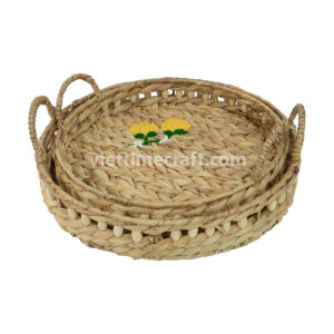 Handmade Water Hyacinth Trays with Floral Embroidery, Rustic Round Woven Serving Basket Set with Side Handles