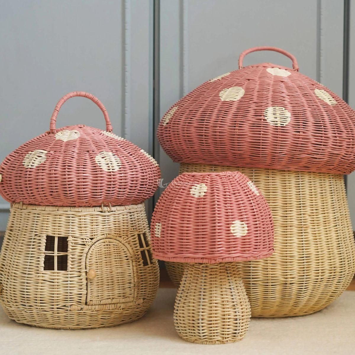 Mushroom House Rattan Basket with Lid I Viettimecraft
