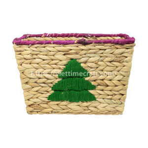 Water Hyacinth Christmas Basket with Green Tree Embroidery – Pink Scalloped Rim