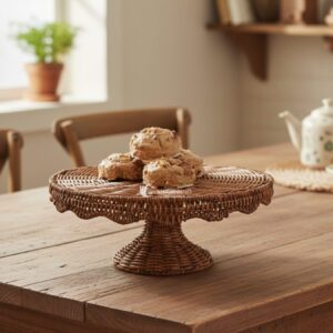 Scalloped Rattan Pedestal Tray I Viettimecraft - M0802