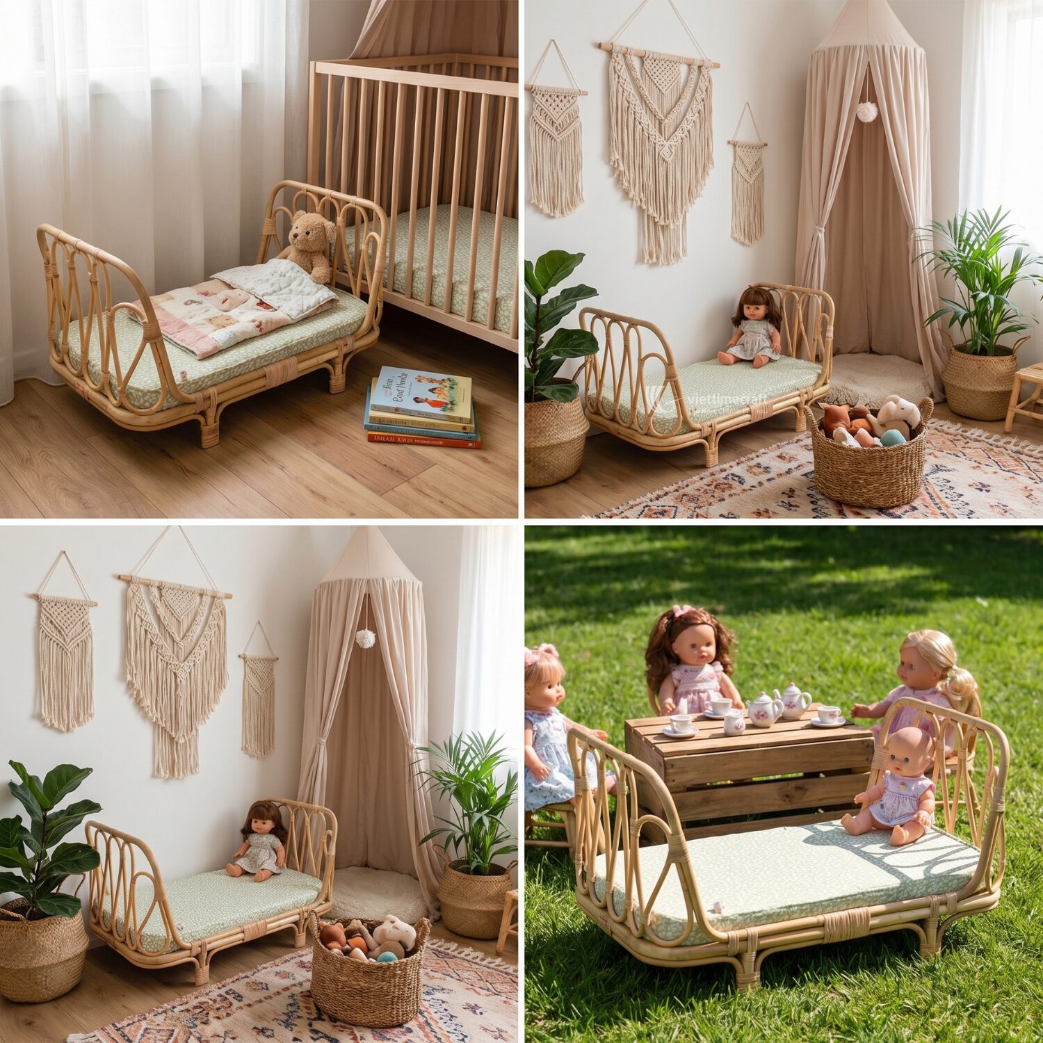 Vintage Rattan Doll Cradle and Wicker Crib – M0789 I Viettimecraft