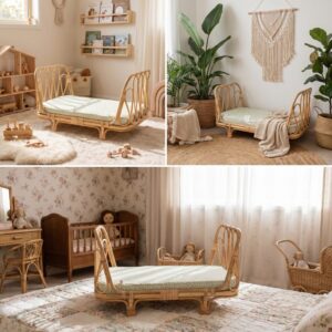Vintage Rattan Doll Cradle and Wicker Crib – M0789 I Viettimecraft