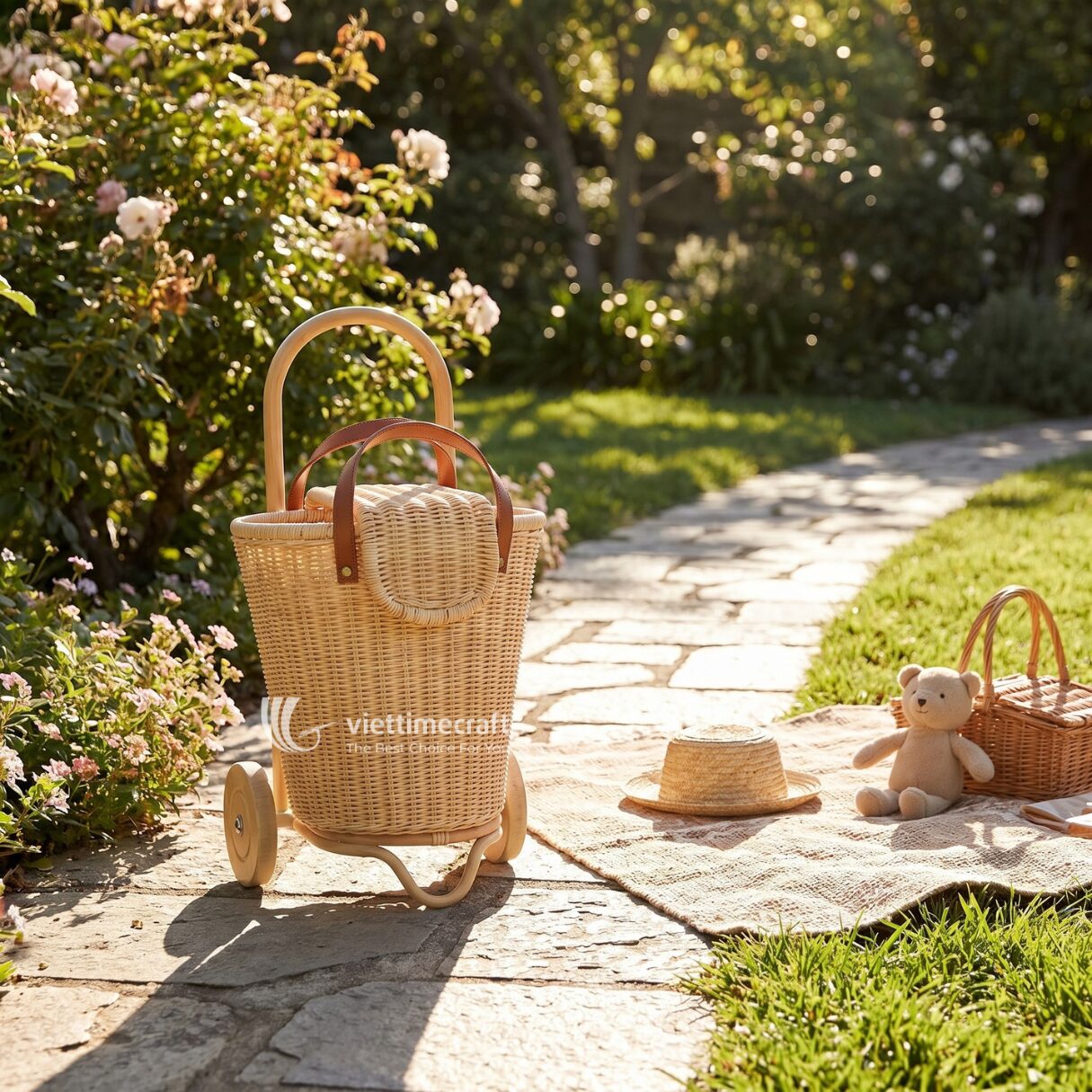 Rattan Luggage Basket with Wheels - M0787 I Viettimecraft
