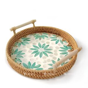 Mother of Pearl Mosaic Wicker Tray - M0786 I Viettimecraft