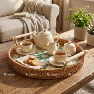 Mother of Pearl Mosaic Wicker Tray - M0786 I Viettimecraft
