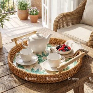 Mother of Pearl Mosaic Wicker Tray - M0786 I Viettimecraft