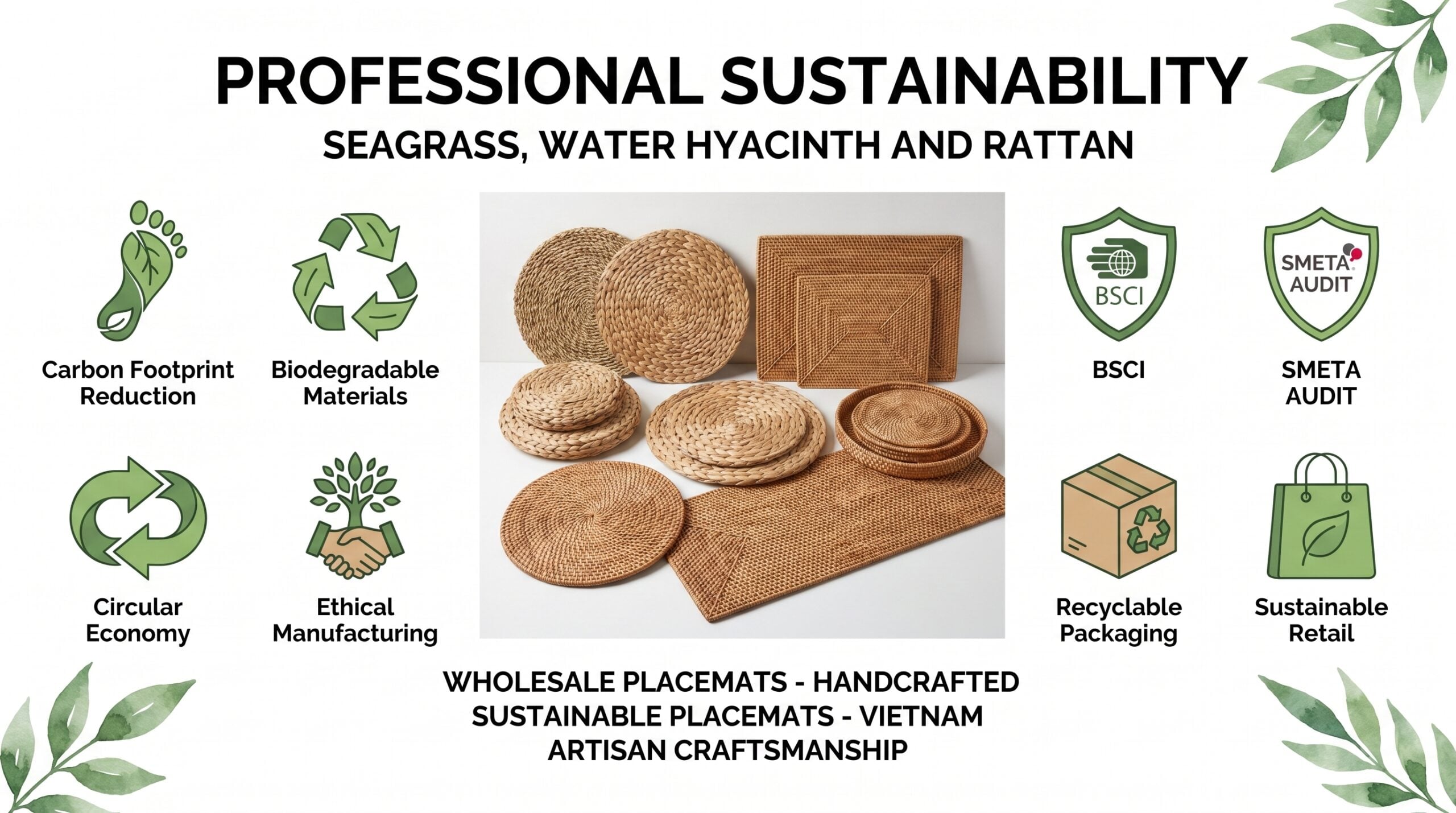 Sustainable woven placemats with recyclable plastic free packaging