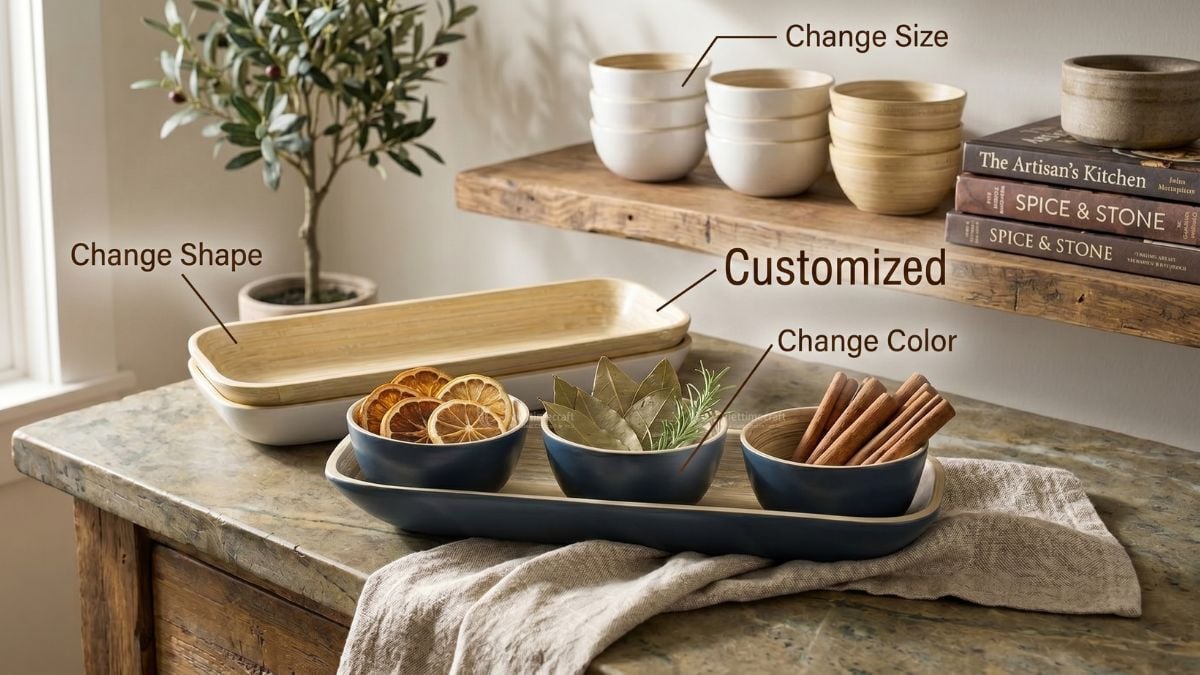 Sustainable spun bamboo bowls, blending artistic lacquer finish with daily utility