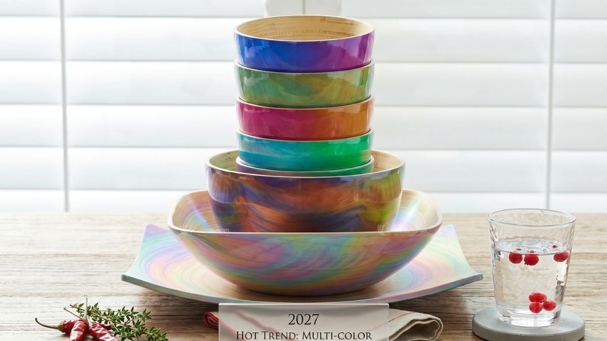 Minimalist spun bamboo lacquer bowl set, the perfect eco-luxury color trend 2027