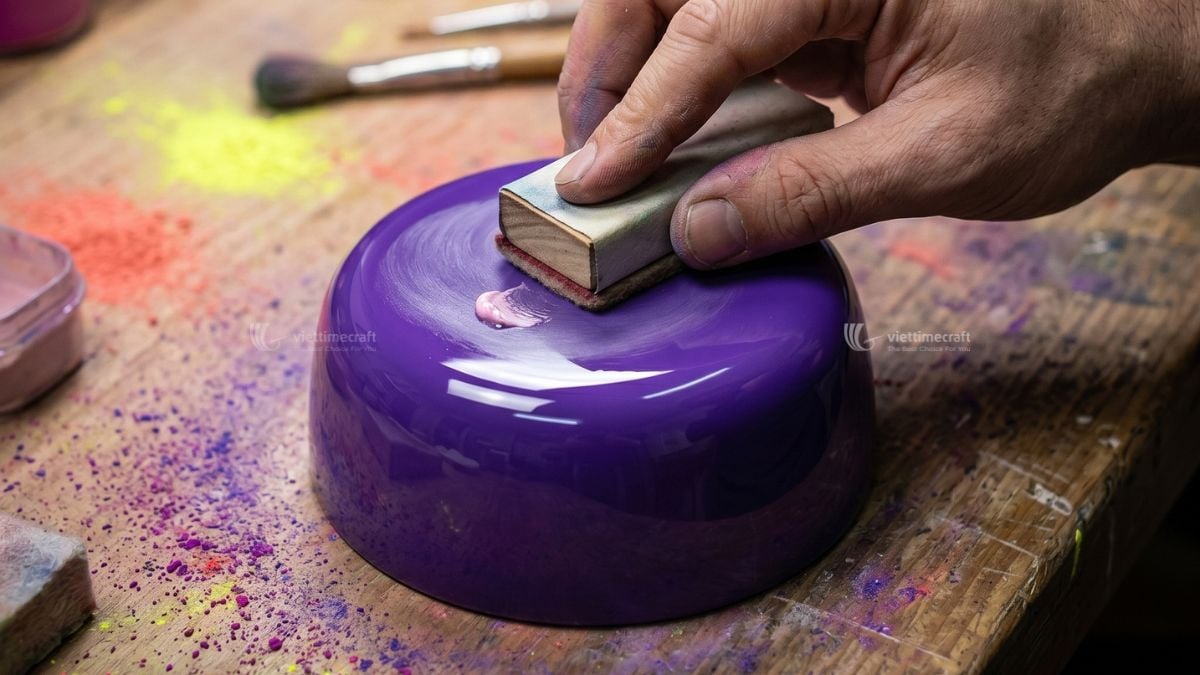 Artisan polishing lacquer vase through twelve coating layers
