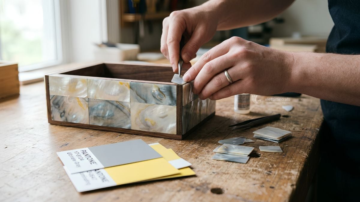 Detailed shell inlay process for handcrafted jewelry boxes