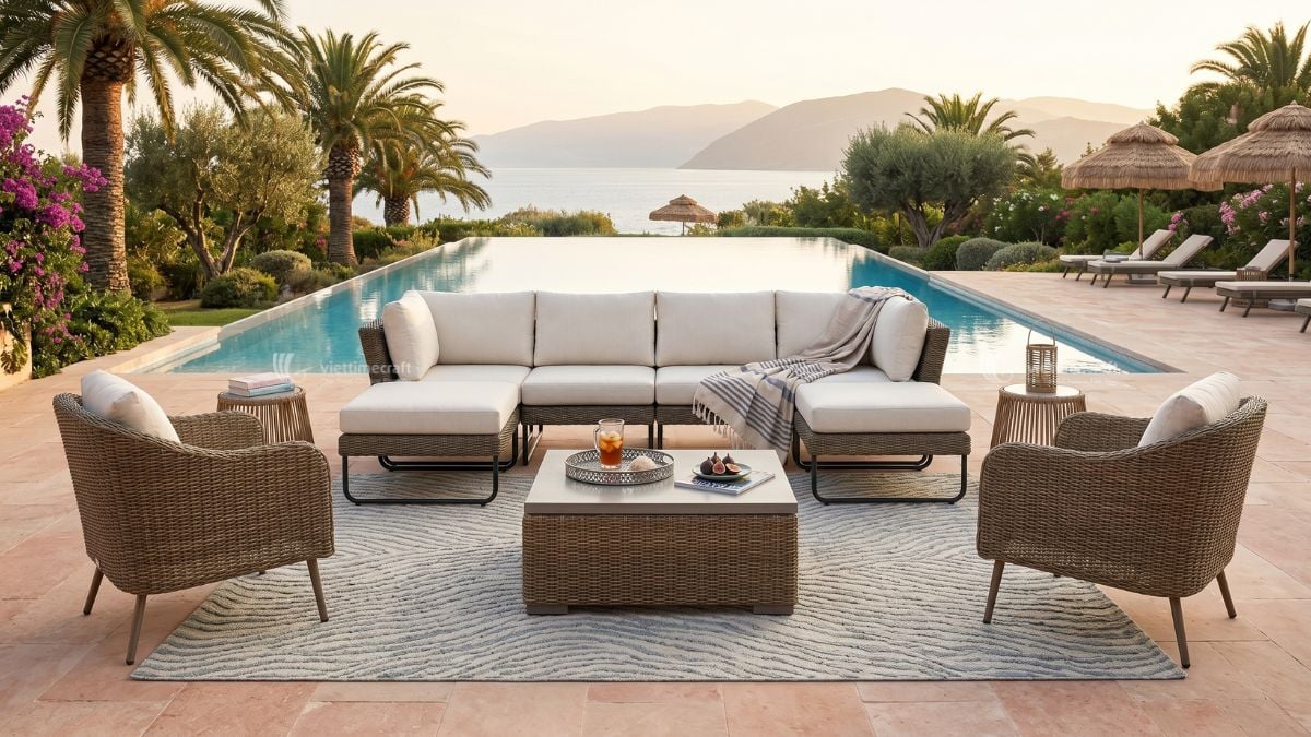 Luxury resort patio furnished with premium wicker sofas and lounge chairs