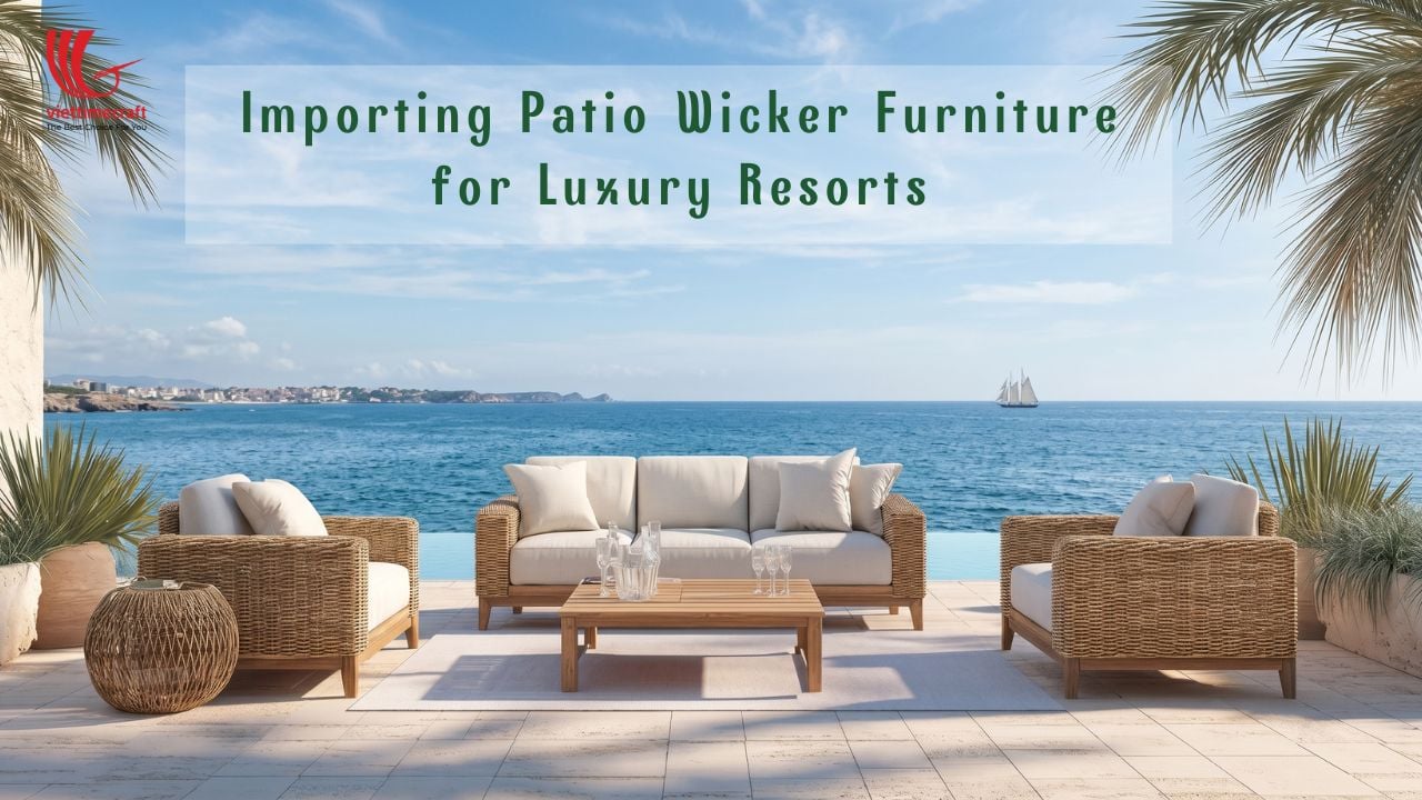 Luxury resort patio furnished with premium wicker sofas and lounge chairs