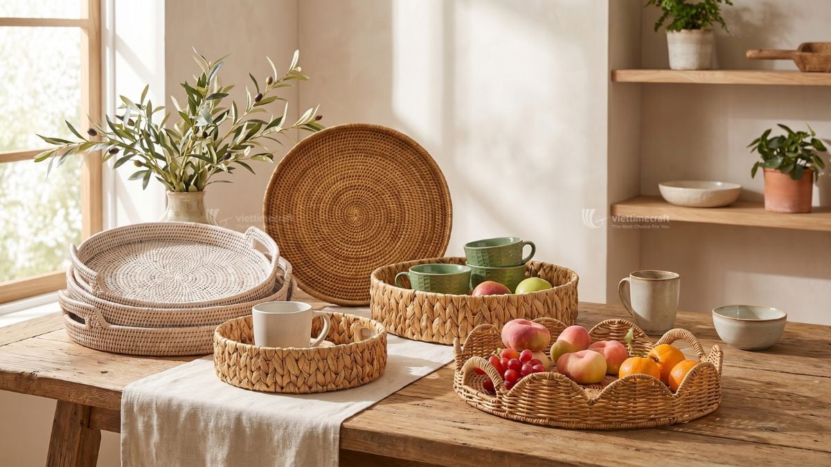 Handwoven wicker serving tray for sustainable table settings