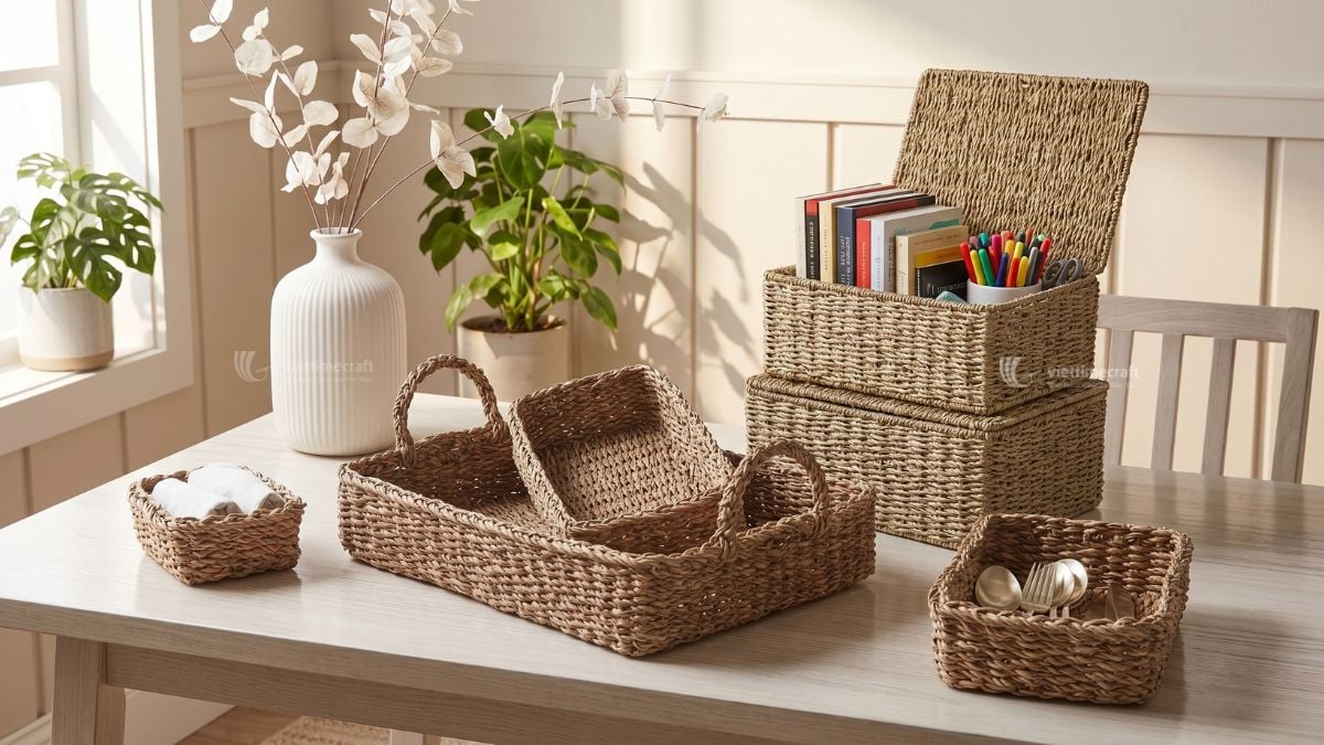 Handwoven seagrass product collection for home organization